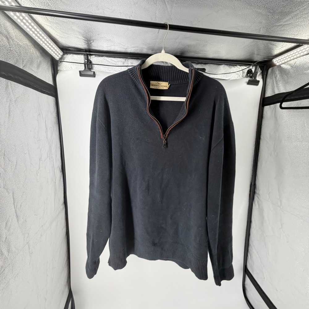 Rodd & Gunn Mens XL Navy Blue 100% Cotton Quarter Zip Sweater Elbow Patches